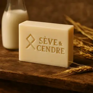 Savon surgras au lait de chèvre Sève & Cendre, odeur neutre, logo gravé avec bouteille de lait en arrière-plan.