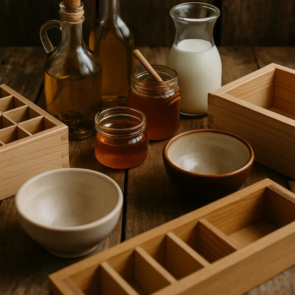 Ingrédients naturels et moules utilisés pour la fabrication des savons artisanaux Sève & Cendre.