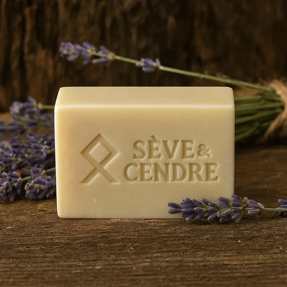 Savon surgras à la lavande Sève & Cendre, logo gravé avec brins de lavande sur bois.