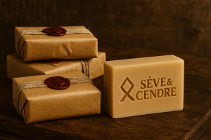 Savon artisanal Sève & Cendre avec emballage en papier kraft et cachet de cire rouge.