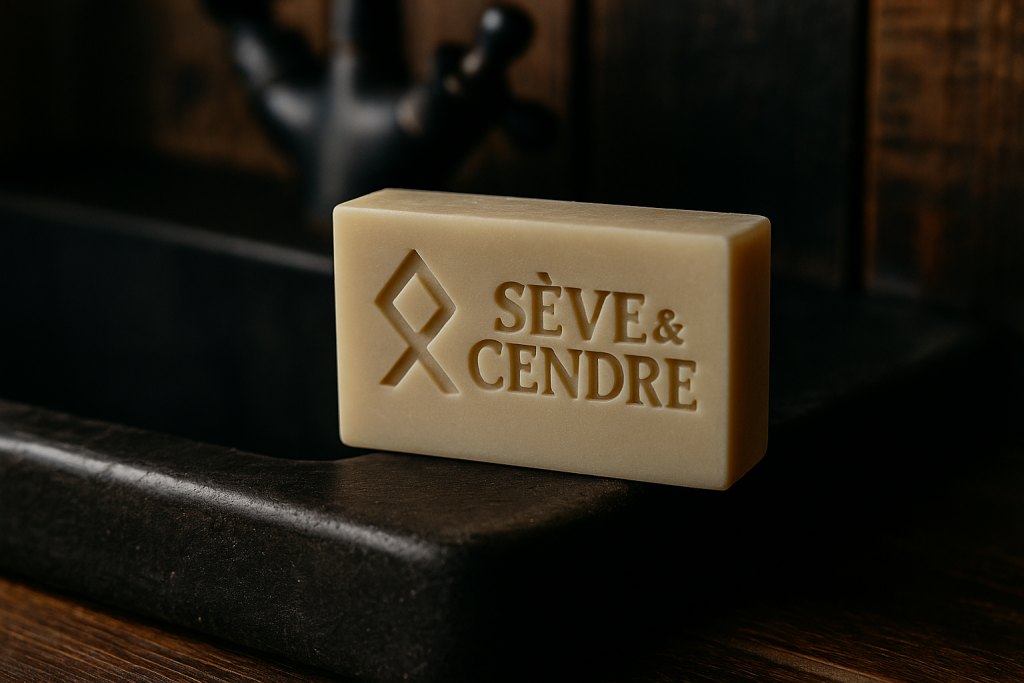 Savon artisanal Sève et Cendre posé sur un évier en pierre sombre.