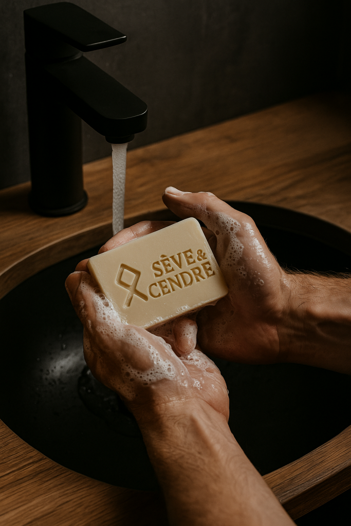 Savon artisanal Sève et Cendre moussé dans les mains d’un homme au lavabo.