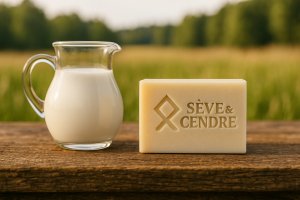 Savon au lait de chèvre Sève et Cendre posé sur bois avec pichet de lait.