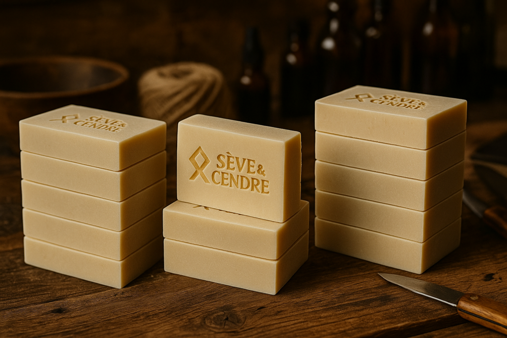 Savons artisanaux Sève & Cendre empilés sur une table d’atelier en bois.